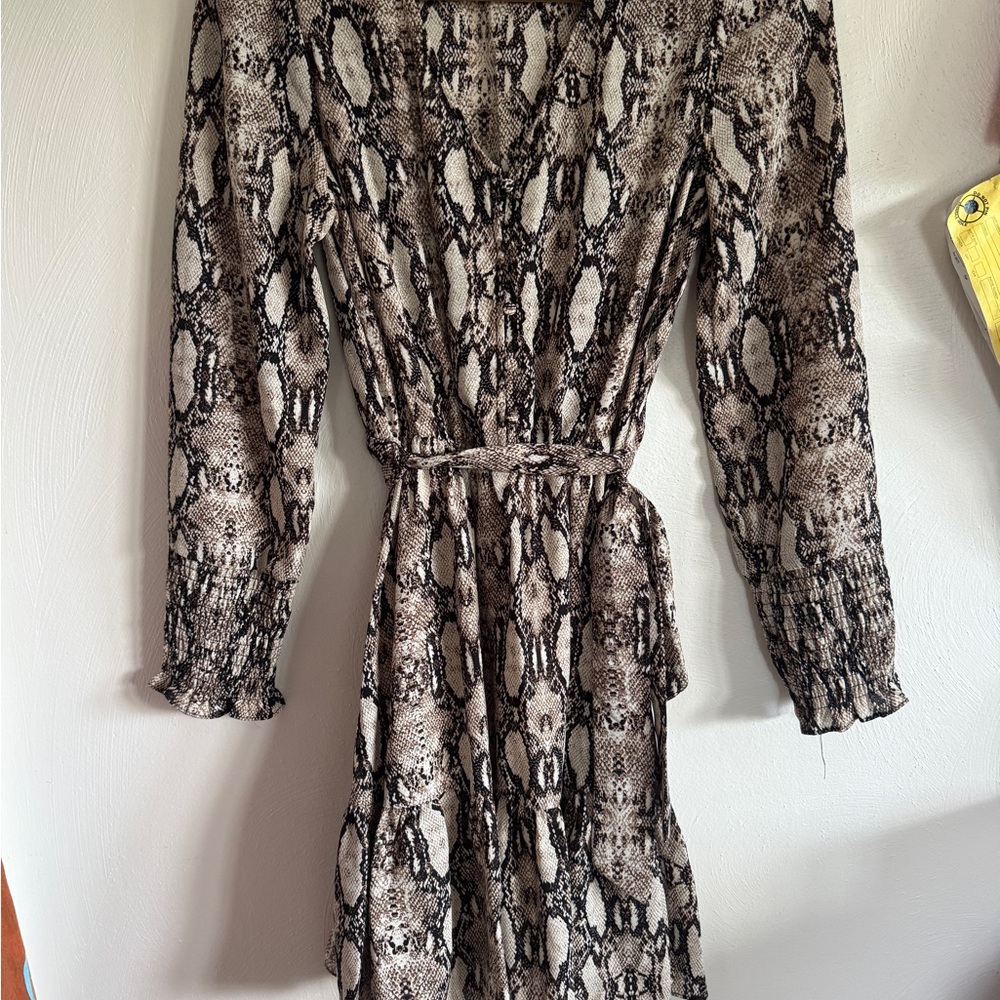 Snake Print Long Sleeve Mini Dress in Taupe and Black